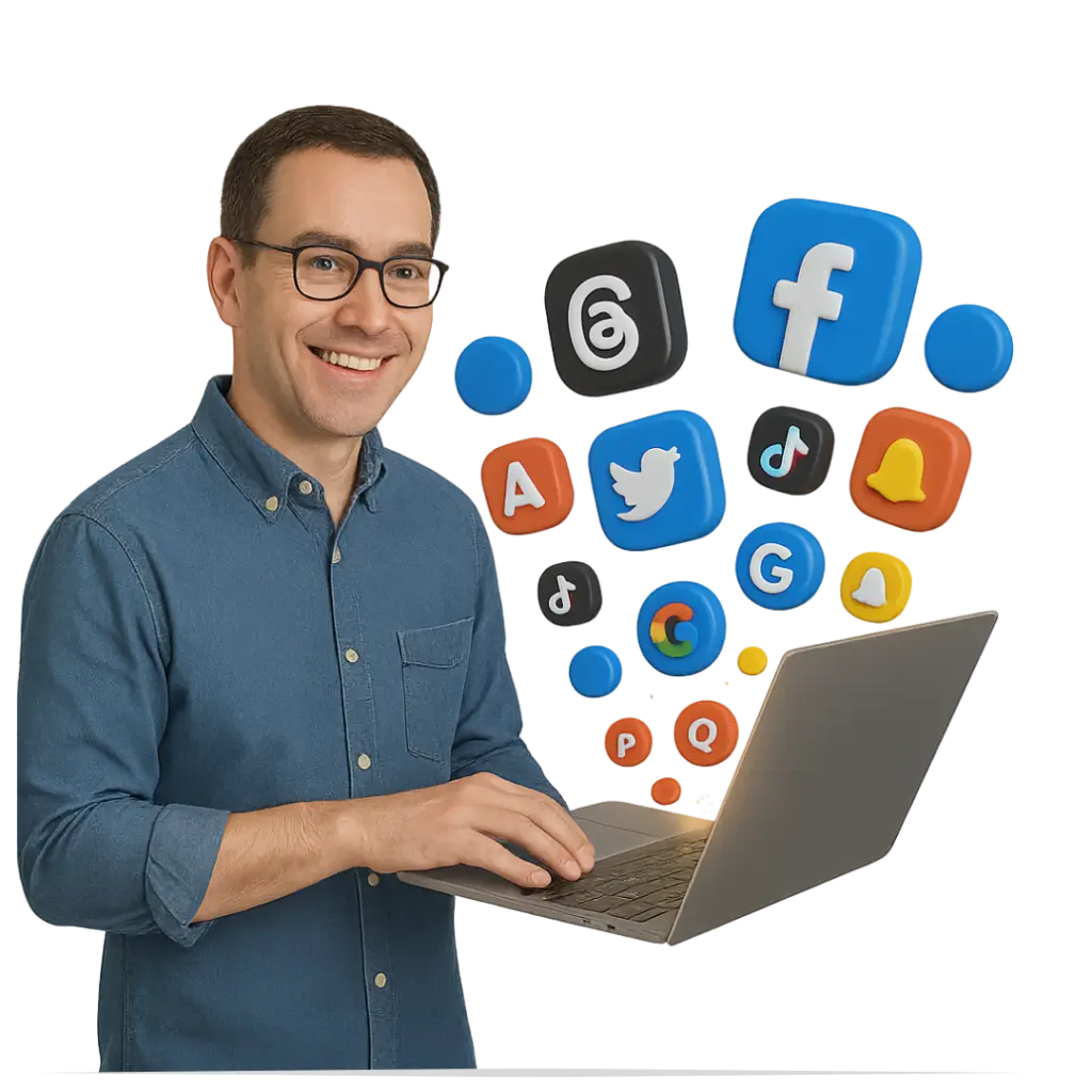 Digital marketing person holding laptop with social media icons - Digital Creavio - Best Digital Marketing Agency in Pakistan.