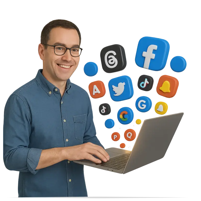 Digital marketing person holding laptop with social media icons - Digital Creavio - Best Digital Marketing Agency in Pakistan.