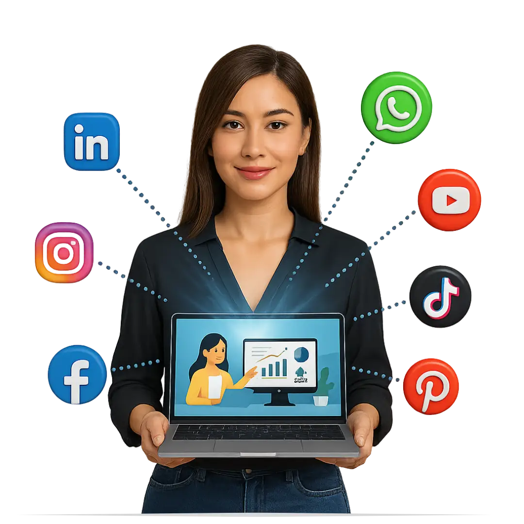 Digital marketing person holding laptop with social media icons - Digital Creavio - Best Digital Marketing Agency in Pakistan.