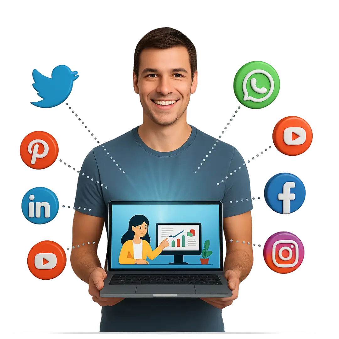 Digital marketing person holding laptop with social media icons - Digital Creavio - Best Digital Marketing Agency in Pakistan.