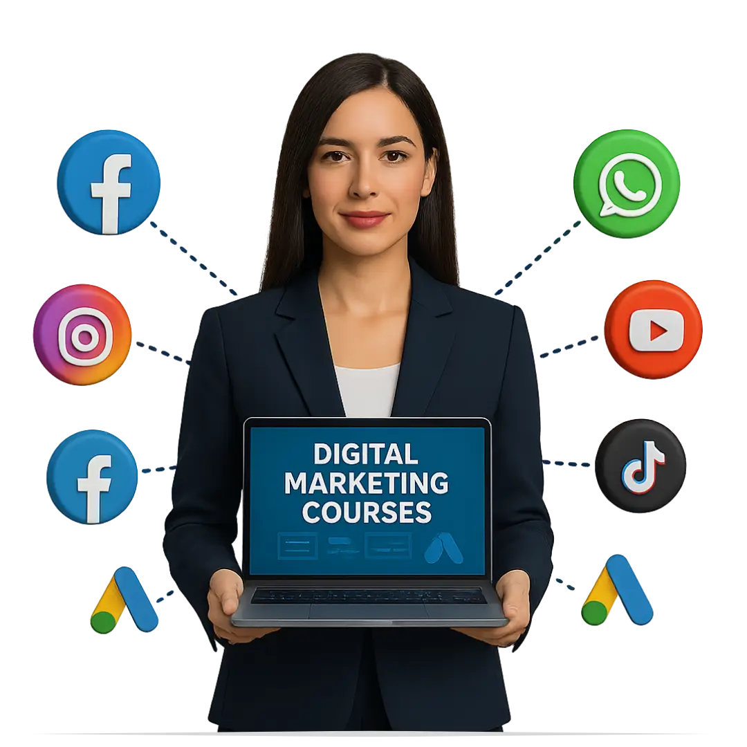 Digital marketing person holding laptop with social media icons - Digital Creavio - Best Digital Marketing Agency in Pakistan.