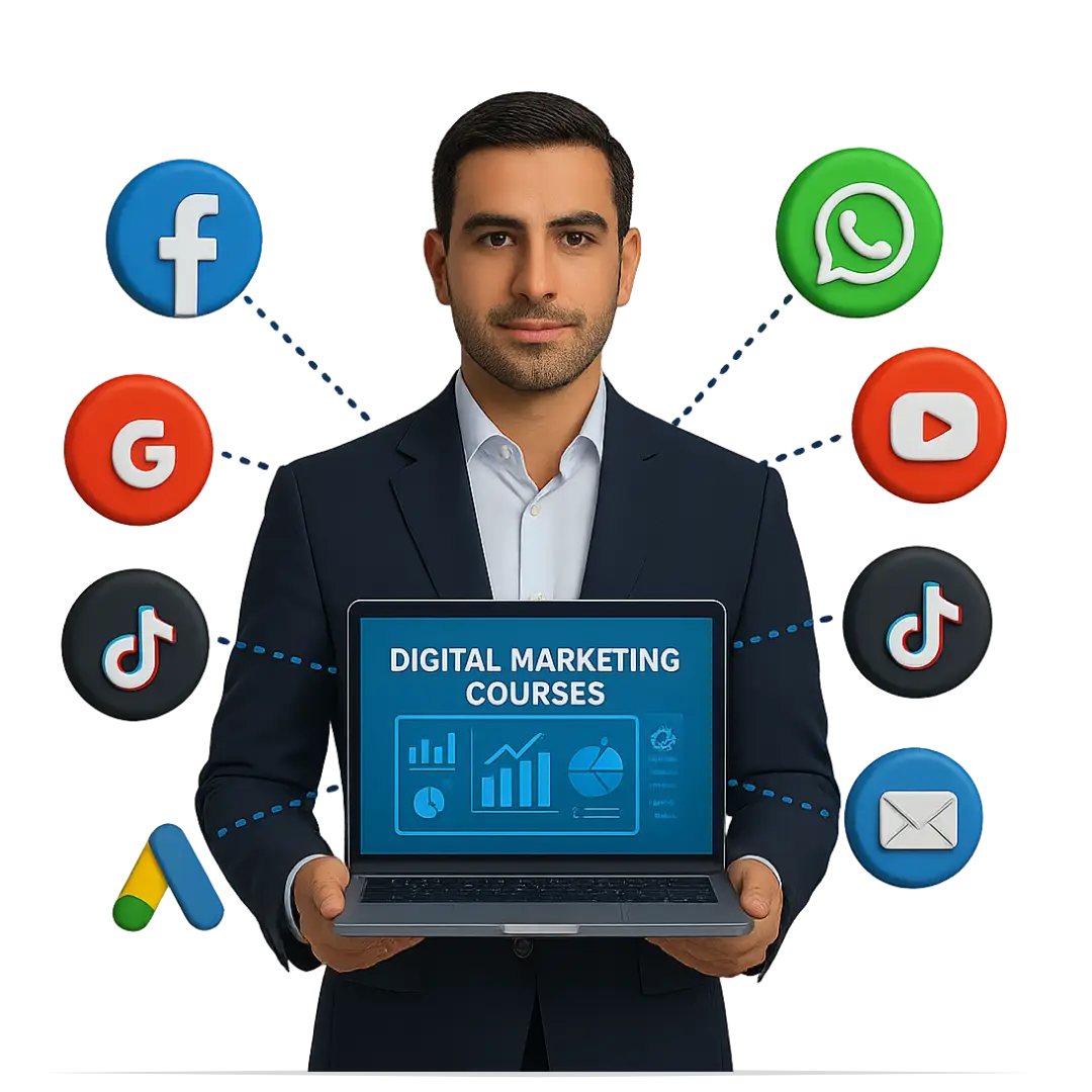 Digital marketing person holding laptop with social media icons - Digital Creavio - Best Digital Marketing Agency in Pakistan.